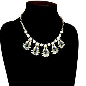 AQUA White & Silver Crystal Bib Necklace | Green & Blue Sparkle Accents | NWT